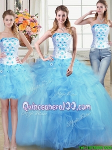 Puffy Beaded Appliques and Ruffles Light Blue Detachable Quinceanera Dress in Tulle