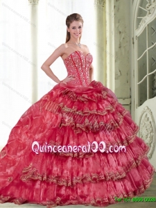 2015 Classical Coral Red 16 Birthaday Party Dresses with Pick Ups and Ruffled Layers