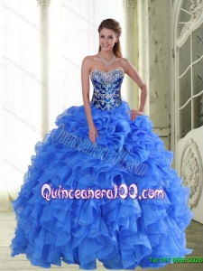 2015 Perfect Beading and Ruffles Strapless Quinceanera Dresses in Blue