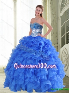 Unique Beading and Ruffles Sweetheart Blue Quinceanera Dresses for 2015 Spring