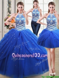 Fashionable Two for One Puffy Halter Top Tulle Royal Blue Detachable Quinceanera Dress with Beading