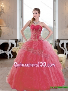 Unique Ruffles and Appliques 2015 Quinceanera Dresses in Coral Red