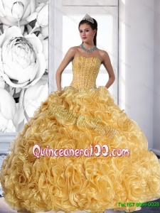 Unique Strapless Gold 2015 Quinceanera Dress with Beading and Rolling Flowers