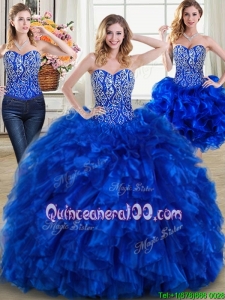 Modest Ball Gown Brush Train Royal Blue Detachable Quinceanera Dress with Beading and Ruffles
