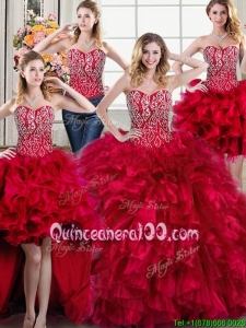 Three for One Puffy Brush Train Beaded and Ruffled Detachable Quinceanera Dress in Red
