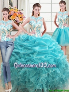 Two Piece Ruffled and Beaded Bodice Organza Detachable Quinceanera Dress in Aqua Blue