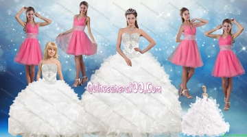 White Sweetheart Ruffles Quinceanera Dress and Sequins V Neck Pink Dama Dresses and Beading White Little Girl Dress