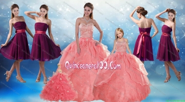 Watermelon Sweetheart Beading Quinceanera Gown and Elegant Strapless Prom Dresses and 2015 Halter Top Beading Little Girl Dress