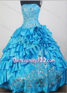 Gorgeous Strapless Ball Gown Beading and Ruffles Blue Quinceanera Dress
