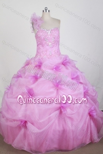 One Shoulder Ball Gown Beading Quinceanera Dress in Rose Pink