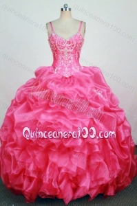 2014 Informal Ball Gown Straps Hot Pink Ruffles Beading and Appliques Quinceanera Dresses