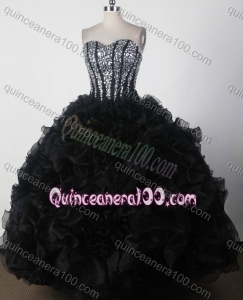 Beautiful Black Ball Gown Sweetheart Beading And Ruffles Quinceanera Dress