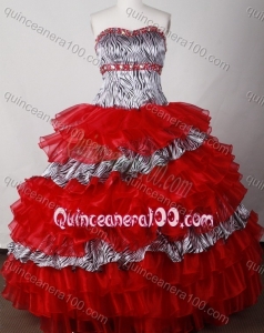 Elegant Ball Gown Sweetheart Red Ruffled Layers And Beading Quinceanera Dress