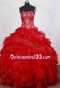 Red Strapless Ball Gown Embroidery and Ruffles Quinceanera Dresses