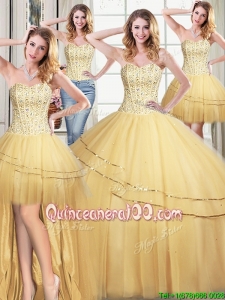 Informal Puffy Sweetheart Tulle Gold Detachable Quinceanera Dress with Sequined and Beading