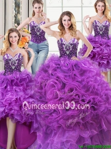 Luxurious Puffy Ruffled and Beaded Detachable Quinceanera Dress in Eggplant Purple