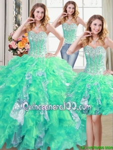 Two for One Visible Boning Organza and Sequins Ruffled Detachable Quinceanera Dress in Turquoise