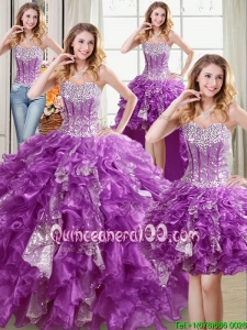 Unique Three for One Organza and Sequins Detachable Quinceanera Dress in Purple