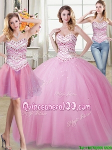 Top Seller Sweetheart Beaded Bodice Removable Quinceanera Gowns in Rose Pink