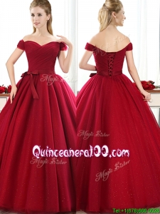New Arrivals Off the Shoulder Wine Red Dama Dress with Bowknot