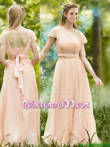 Elegant See Through Scoop Short Sleeves Dama Dress in Peach