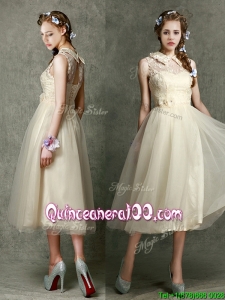 Pretty High Neck Champagne Dama Dress with Lace and Hand Made Flowers