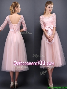 Most Popular Scoop Half Sleeves Baby Pink Dama Dress with Bowknot
