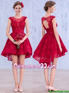 See Through Scoop High Low Wine Red Dama Dress with Lace