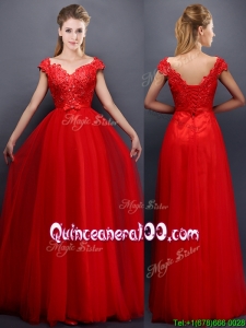 Classical Beaded V Neck Red Dama Dress with Cap Sleeves