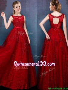 See Through Scoop Wine Red Dama Dress with Beading and Appliques