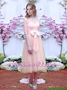 Fashionable See Through Scoop Half Sleeves Dama Dress with Bowknot