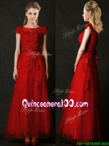 Elegant Empire Applique Red Dama Dress with Cap Sleeves