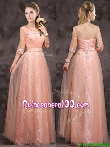 Exquisite See Through Applique and Laced Long Dama Dress in Peach