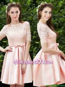 Lovely High Neck Short Sleeves Dama Dress with Lace and Bowknot