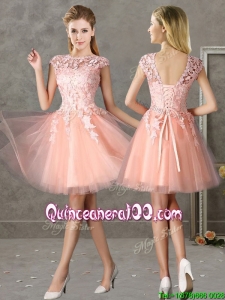 New Style Bateau Peach Short Dama Dress with Lace