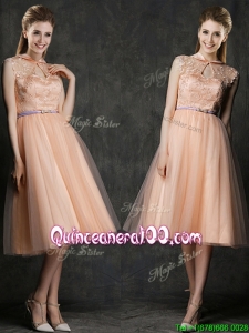 Popular High Neck Peach Bridesmaid Dress with Sashes and Lace