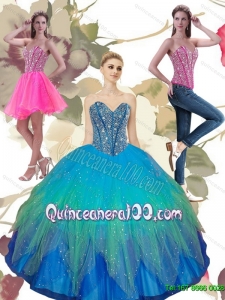 2015 Luxurious Beading Sweetheart Tulle Quinceanera Dresses in Turquoise