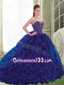 Modest 2015 Sweetheart Beading and Ruffles Navy Blue Quinceanera Dresses