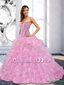 Most Popular 2015 Sweetheart Beading and Ruffles Rose Pink Quinceanera Gowns