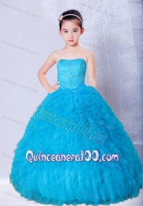 Blue Strapless Beading and Ruffles Floor-length Little Girl Pageant Dress