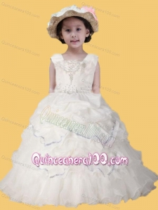 Square Appliques and Ruffles Little Girl Pageant Dress in White