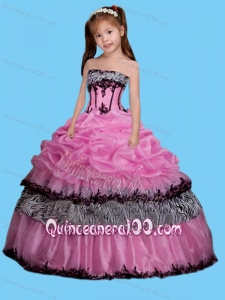 Strapless Appliques Decorate Little Girl Pageant Dress in Rose Pink