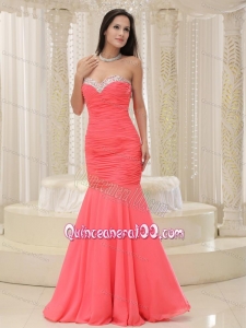Mermaid Ruching Sweetheart Beaded Coral Red 16 Birthday Party Dress