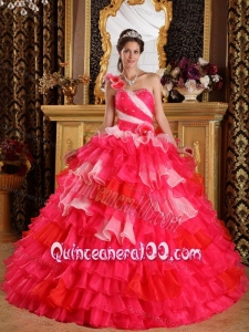 Red Ball Gown One Shoulder Floor-length Organza Ruffles and Beading 16 Birthday Party Dresses
