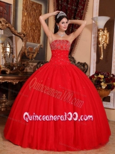 Red Ball Gown Strapless Floor-length Tulle Beading 16 Birthday Party Dress