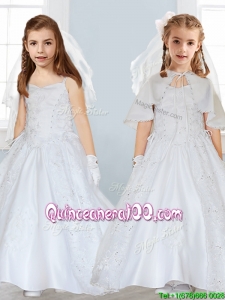 Popular Spaghetti Straps Satin Flower Girl Dress with Lace and Beading