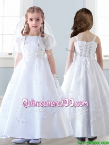 Top Selling Spaghetti Straps White Flower Girl Dress with Appliques