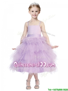 Beautiful Spaghetti Straps Lavender Little Girl Pageant Dress with Beading and Ruffled Layers