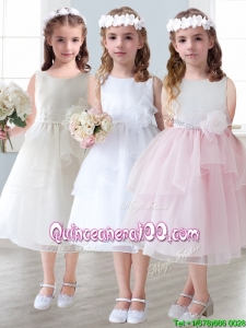 Lovely Scoop Hand Made Flowers and Ruffled Layers Little Girl Pageant Dress in Tea-length