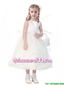 New Style Scoop Hand Made Flowers and Appliques Little Girl Pageant Dress in White